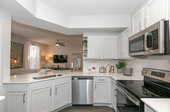A modern kitchen with white cabinets and stainless steel appliances at Deerfield Village, Alpharetta, GA